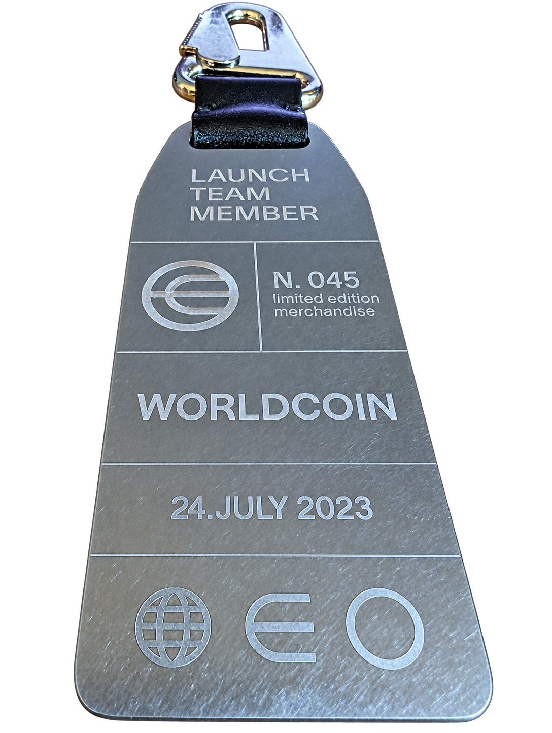 Worldcoin launch team badge, number 045, dated 24 July 2023